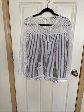 Lace Yoke Striped Long-Sleeve Blouse — White and Black